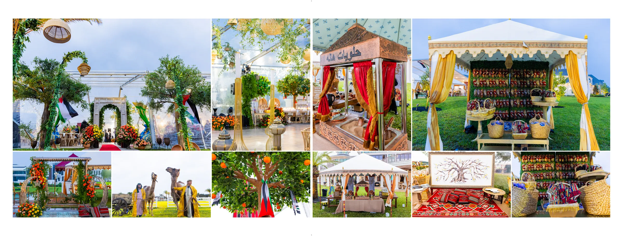 Garden tent wedding setup with palms, citrus trees and a floral market stall