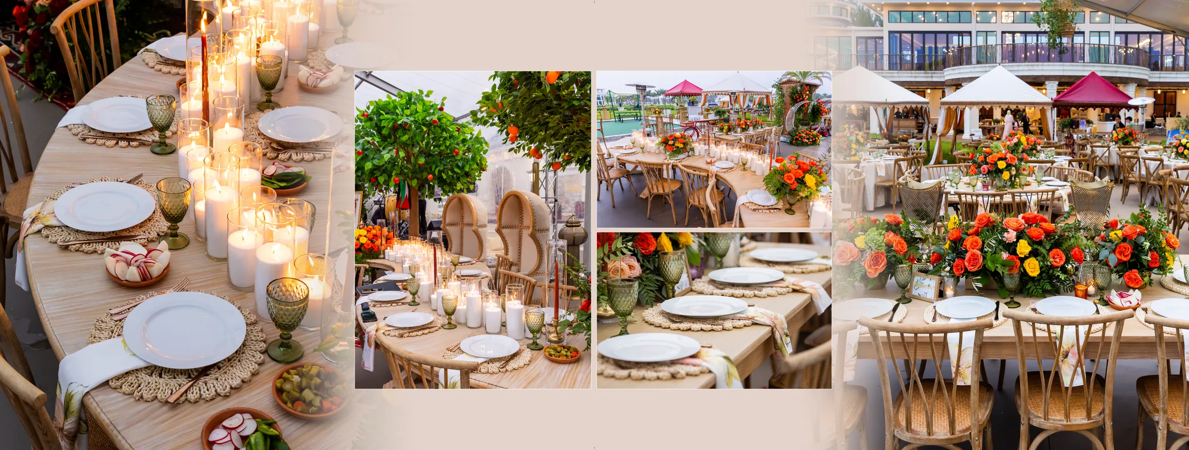 Candlelit reception tables and outdoor dining under orange trees