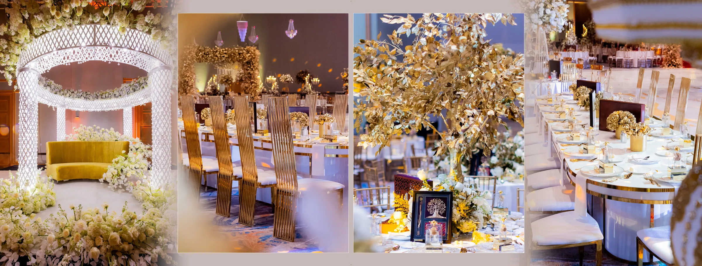 Floral canopy lounge, gold tree centerpieces and long banquet tables