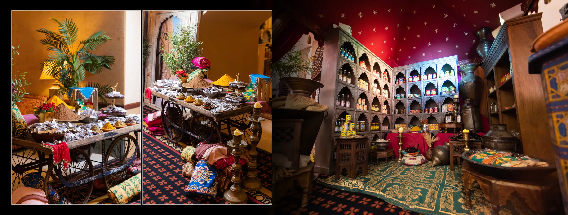 Arabian majlis lounge with food carts, lanterns and low seating