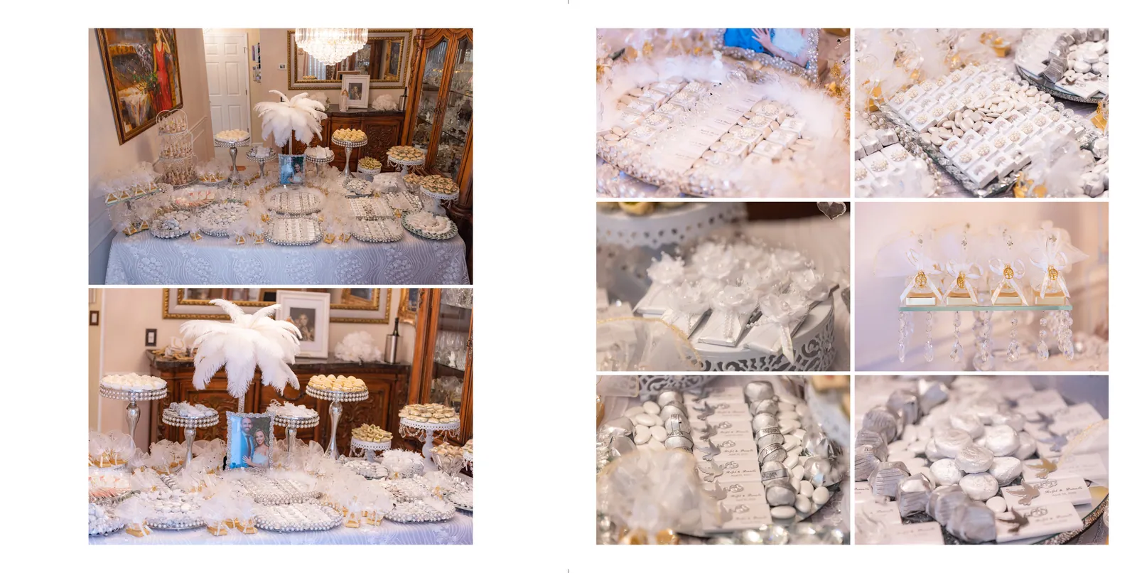 White dessert table with feathers and crystal stands