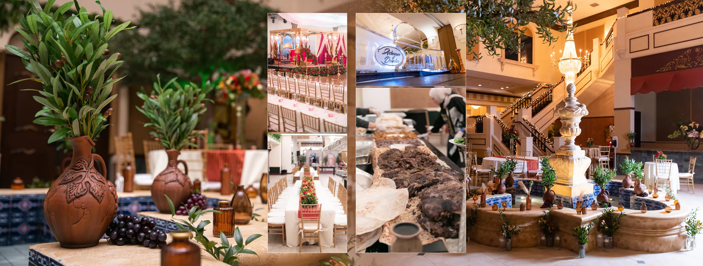 Olive jars, grand hall staircase and a tiered dessert display