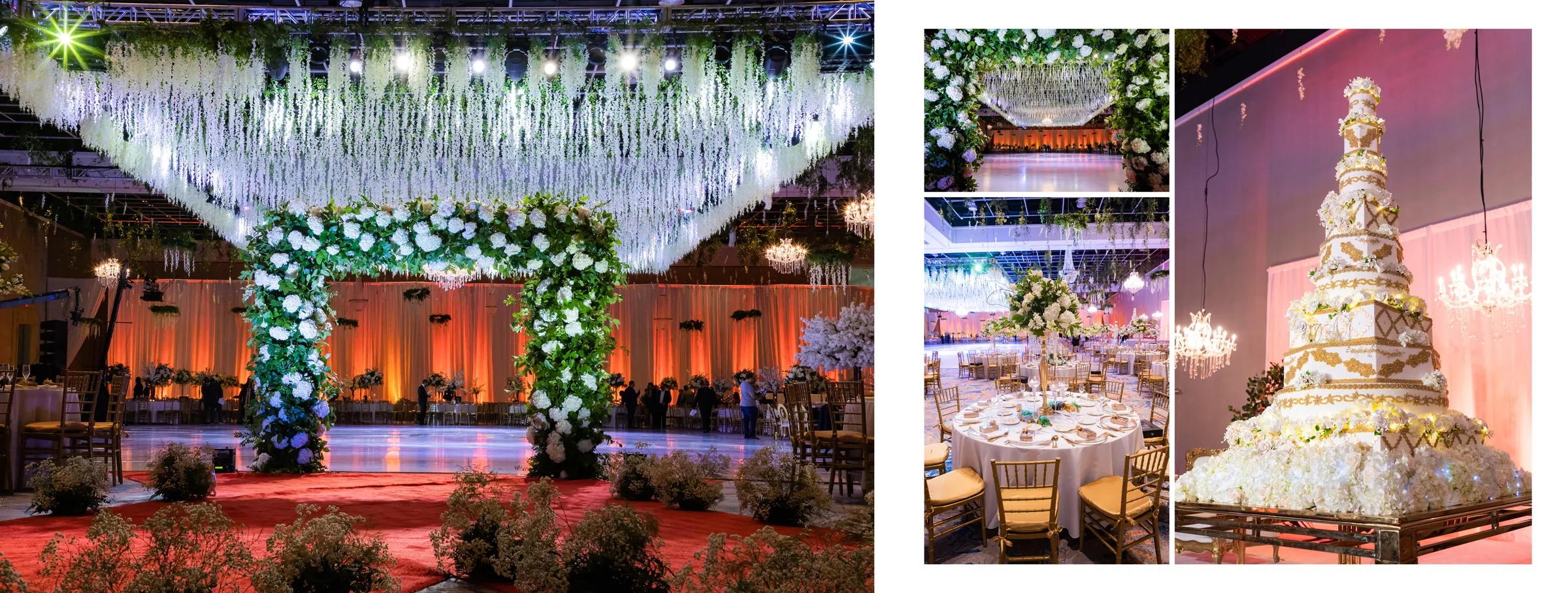 Floral canopy over the aisle and a tall tiered cake